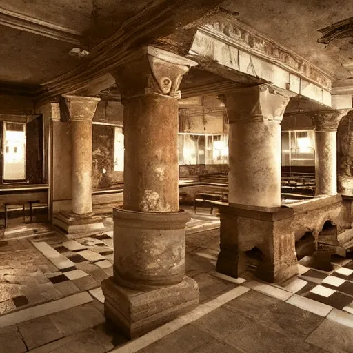 Prompt: Beautiful Promotional Photograph of the inside of an ancient Roman McDonalds, wideshot,longshot,fullshot.