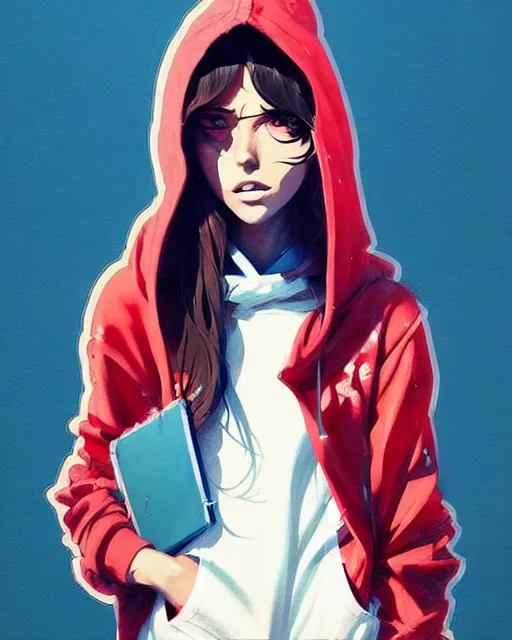 Image similar to a ultradetailed painting of a stylish girl in a oversized hoodie by conrad roset, greg rutkowski and makoto shinkai trending on artstation