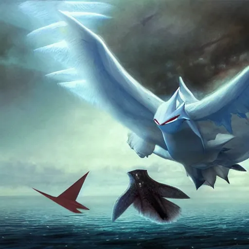 Image similar to togekiss and latios flying through a remote alien city, award - winning realistic sci - fi concept art by jim burns and greg rutkowski, beksinski, konstantin razumov