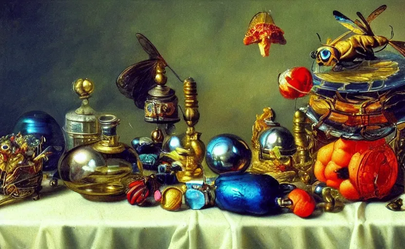 Prompt: beautiful colorful oil painting dutch golden age vanitas still life with gorgeous fututistic objects shiny transparent surfaces shiny metal insects rachel ruysch dali todd schorr very detailed perfect composition rule of thirds masterpiece chiaroscuro canon 5 0 mm, cinematic lighting, photography, retro, film, kodachrome