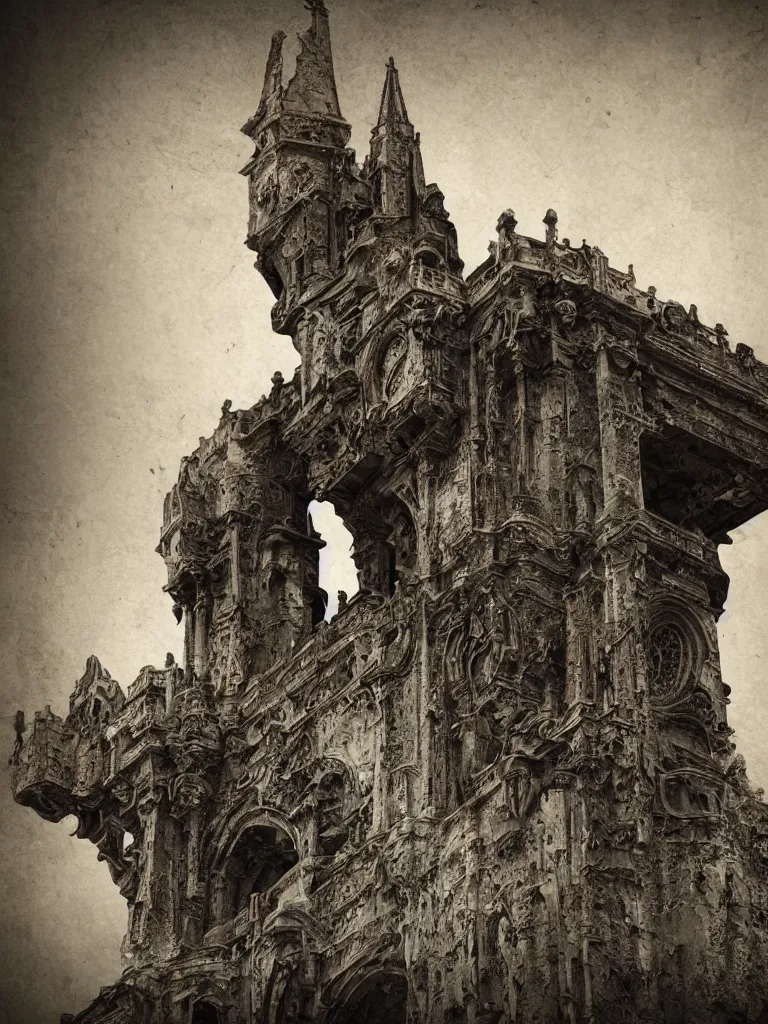 Image similar to extra wide view. an ominous dark ancient mask. barron. worn out photography. sepia. cracks. hyper - detailed. gothic steampunk. low poly medieval baroque. symmetric. epic. hyper - realistic. unreal render.