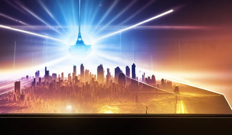 Image similar to large group of people in simple warehouse, looking at hologram of futuristic city on a table, cinematic concept art, godrays, golden hour, natural sunlight, 4 k, clear details, tabletop model buildings, center model buildings, hologram center, crane shot, crane shot, crane shot