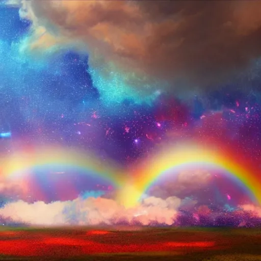 Prompt: sky with a rainbow and another section of the sky has fluffy clouds and the third section is a galaxy, concept art, trending on artstation octane render 8 k uhd, fitz henry lane, rossdraws