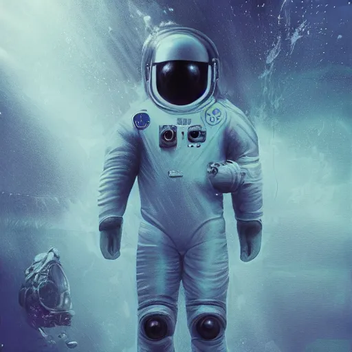 Prompt: concept art by david cronenberg in the dark underwater diver astronaut underwater futuristic dark and empty spaceship. complex technical suit design. reflection material. rays and dispersion of light breaking through the deep water. trend artstation, 3 5 mm, f / 3 2