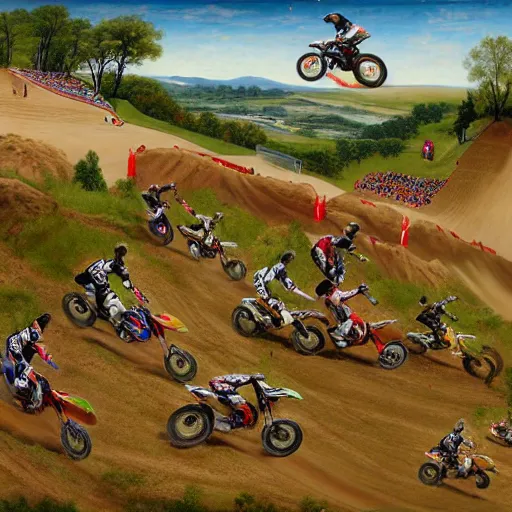 Image similar to motocross race on dirt jump, in the style of garden of earthly delights painting by jerome bosch