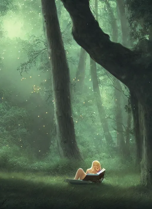 Image similar to portrait, blond girl sits in mystical misty forest, reading under a tree, fireflies, dramatic lighting, cinematic, establishing shot, extremly high detail, foto realistic, cinematic lighting, post processed, concept art, artstation, matte painting, style by eddie mendoza, raphael lacoste, alex ross