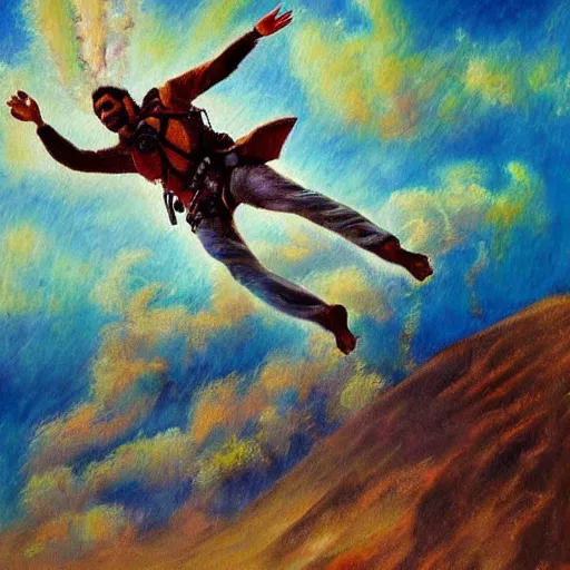 Image similar to egyptian man with curly hair, skydiving without a parachute, pastel clouds, impressionist painting, figurative painting, intricate details, happy