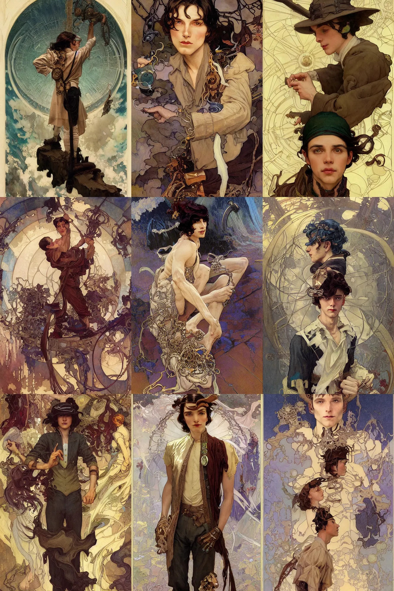 Prompt: thin young male alchemist, long dark hair, 1 9 2 0 s fashion, fantasy, art by joseph leyendecker, donato giancola, dean cornwell, peter mohrbacher, ruan jia, marc simonetti, ayami kojima, cedric peyravernay, alphonse mucha, thomas kinkade, victo ngai