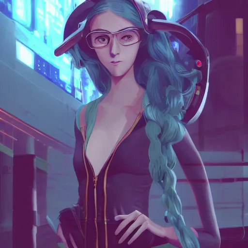 Prompt: a cute 2 0 years old girl with long curly blonde hair, with blue eyes, in a cyberpunk setting, artstation, elegant, highly detailed, digital painting, concept art, smooth, sharp focus, illustration, art by don bluth and michel ocelot and makoto shinkai and tom whalen and atey ghailan and akihiko yoshida