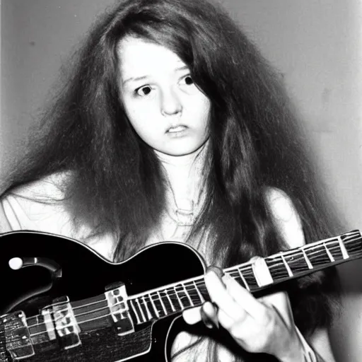 Image similar to 19-year-old girl, long shaggy red hair, playing electric guitar, stoner rock concert, live on stage, super 8mm, 1973