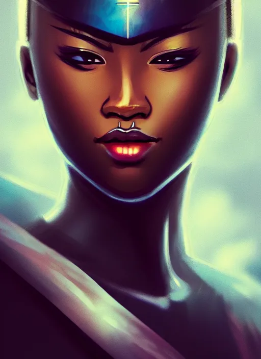 Prompt: attractive female portrait of african ninja, cloud background, rul of thirds, uplight, intricate, symmetrical!!, anime, prism highlights, depth of field, cinematic, filmic, vsco, concept art, artstation, digital painting, elegant, epic, focus