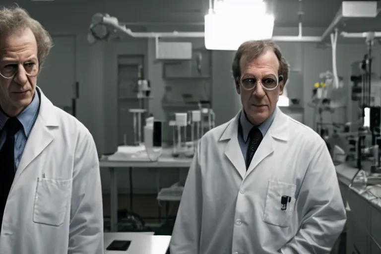 Image similar to an ultra realistic cinematic portrait of an evil male scientist smirking, foggy, stood in a lab, detailed, backlight, deep focus, movie still, moody lighting, by werner herzog