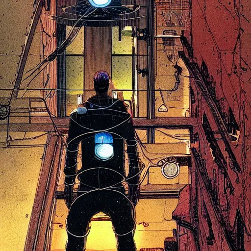 Image similar to Digital portrait of a Ghost in the machine by Enki bilal and Moebius and francois Schuiten, cyberpunk, impressive perspective, masterpiece