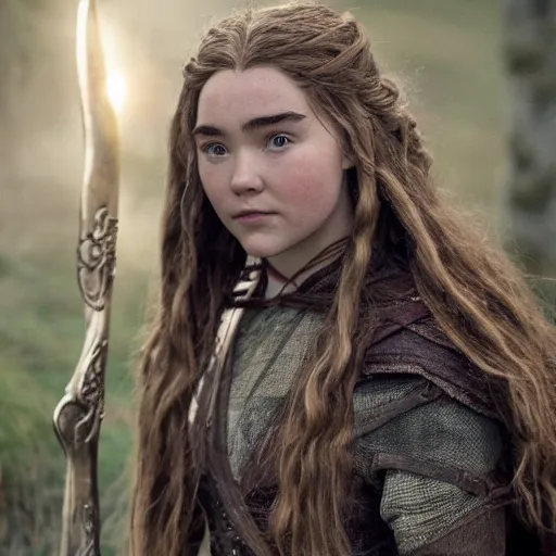 Image similar to first photos of 2 0 2 4 female lotr remake - florence pugh as gimli, ( eos 5 ds r, iso 1 0 0, f / 8, 1 / 1 2 5, 8 4 mm, postprocessed, crisp face, facial features )