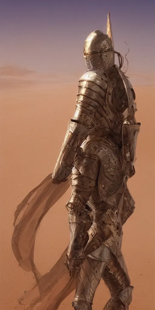 Image similar to a knight in crystal armor in the desert surrounded by sand dunes, greg rutkowski, 8 k, shallow depth of field, intricate detail, concept art,