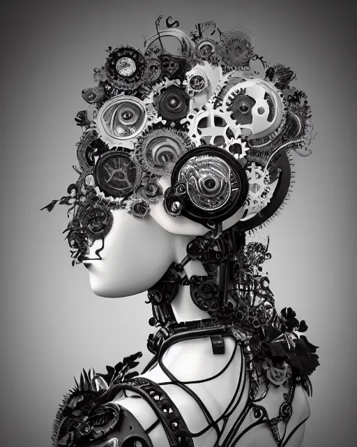 Image similar to black and white dreamy foggy profile face portrait, one steampunk eye biomechanical beautiful young female cyclope - cyborg - robot bust, body ribs meshes,, volumetric light, hibiscus flowers, by hg giger, rim light, by dora maar and cecile beaton, big gothic fashion pearl embroidered collar, 8 k