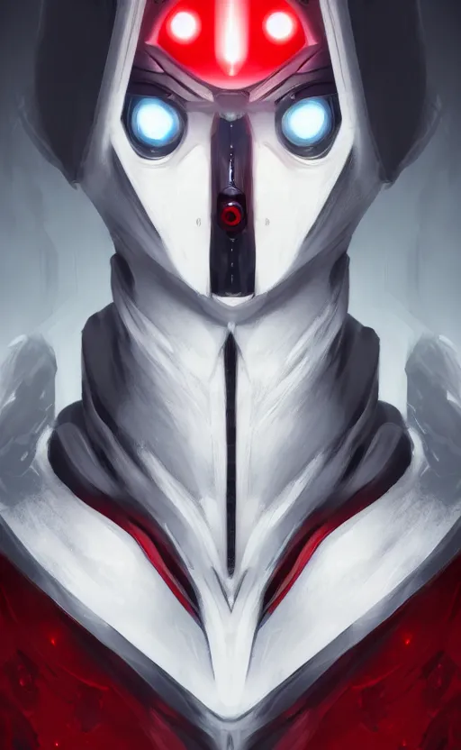 Image similar to face portrait of a robot in an all white hood and robe, with red glowing eyes, dynamic lighting, fantasy concept art, trending on art station, stunning visuals, creative, cinematic, ultra detailed