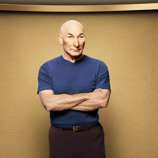 Prompt: captain jean luc picard as the lead of a popular tv sitcom, patrick stewart, tv, comedy, still, photography, realistic, real life, tv camera