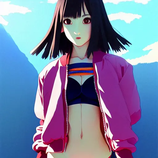 Image similar to a beautiful japanese natalie portman gravure model, wearing oversized native designer bomber jacket and leotard, bulky poofy bomber jacket with mesoamerican patterns, mesoamerican native street fashion, gapmoe yandere grimdark, trending on pixiv fanbox, painted by greg rutkowski makoto shinkai takashi takeuchi studio ghibli, akihiko yoshida