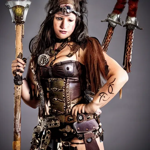 Image similar to photo of a female steampunk barbarian warrior