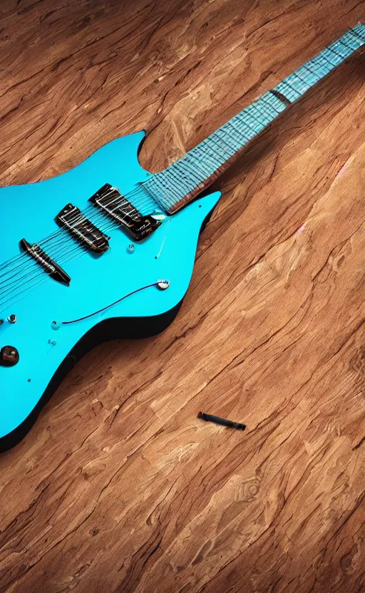 Image similar to award winning photograph of an electric guitar shaped as a bird of paradise, teal colors, 3 d hyperrealistic 8 k image style, detailed render, stunning studio photograph with dramatic lighting, depth of field