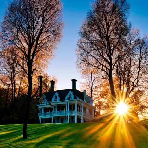 Prompt: mansion slim trees spring light sunset vectors designed by jackson & leroy