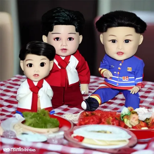 Image similar to screaming kim jong un doll having a lovely picnic with bts boy band dolls