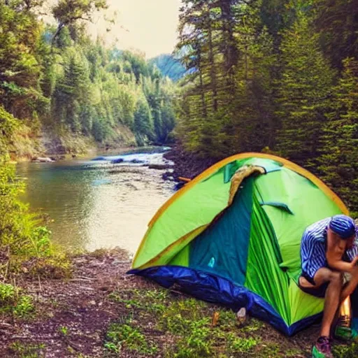 Prompt: portrait of two best in the nature, camping together near a river