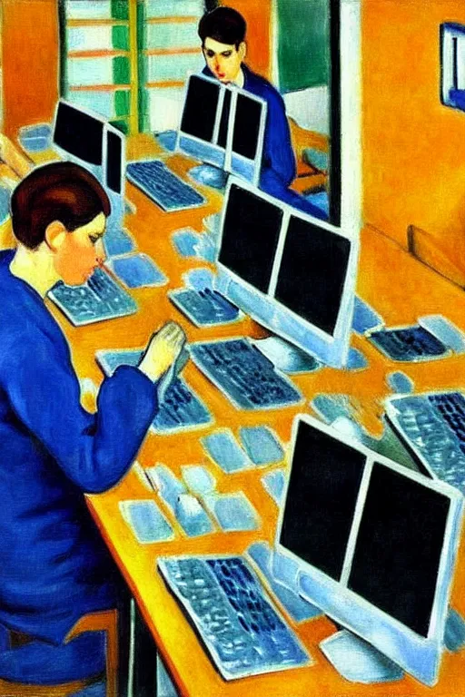 Image similar to oil painting highly detailed computer workers in office painted by henri matisse, impressionism