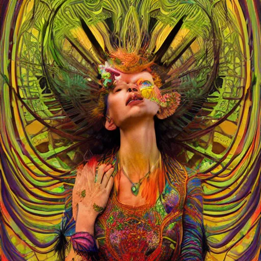 Prompt: A reality bending psychedelic ayahuasca experience, colorful, distorted, surreal, tropical bird feathers, dramatic lighting on the face, intricate lace, elegant fabric, highly detailed, digital painting, concept art, smooth, sharp focus, illustration, art by Krenz Cushart and Wayne Barlowe and alphonse mucha