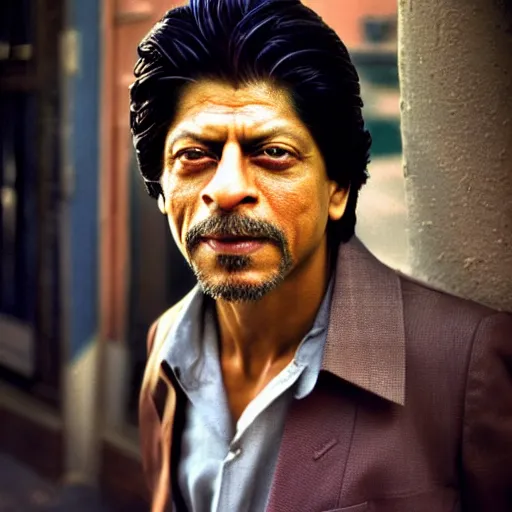 Image similar to closeup portrait of Shahrukh Khan , new york back street , by Steve McCurry and David Lazar, natural light, detailed face, CANON Eos C300, ƒ1.8, 35mm, 8K, medium-format print