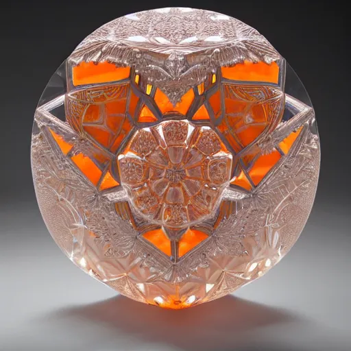 Prompt: symmetrical detailed sculpture of an orange, made of Opalescent Crystal