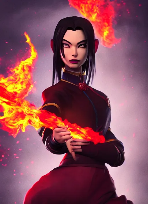 Image similar to azula from avatar the last airbender posing, flames, dark atmosphere, cinematic shot, intricate, ornate, photorealistic, ultra detailed, realistic, 1 0 0 mm, photography, octane, high definition, depth of field, realism, 8 k, artstation