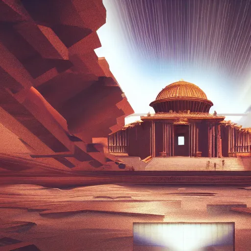 Image similar to mars architecture, temple of enlightenment, beams of light shining out from temple, parametricism, computational, moody, concept art, 8k