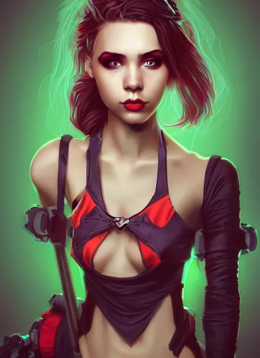 Image similar to a portrait of a pretty sewer punk young lady by artgerm