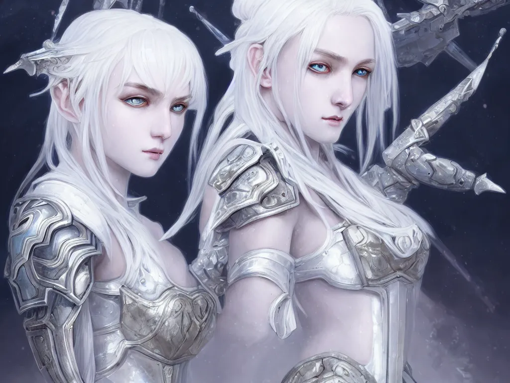 Image similar to portrait white hair knights of zodiac girl, matt white ice color armor, in ruined agora of athens sunrise, ssci - fi and fantasy, intricate and very beautiful and elegant, highly detailed, digital painting, artstation, concept art, smooth and sharp focus, illustration, art by ayanamikodon and tian zi and alphonse mucha