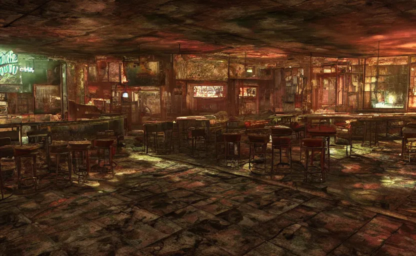 Image similar to nature photography of the rundown ruins of a 5 0 s bar in a tacky casino in fallout new vegas by lori nix, hdr, unreal engine, silent hill, found footage