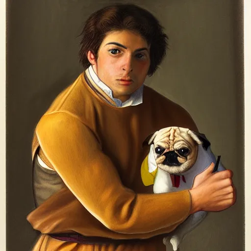 Image similar to self portrait, young white hispanic handsome man with short light brown hair and light skin and a 5 o clock shadow, holding a pug for a picture, fighting against 2 swordsmen pencil art, added detail, high definiton, colored, backfacing, illustrated by raphael