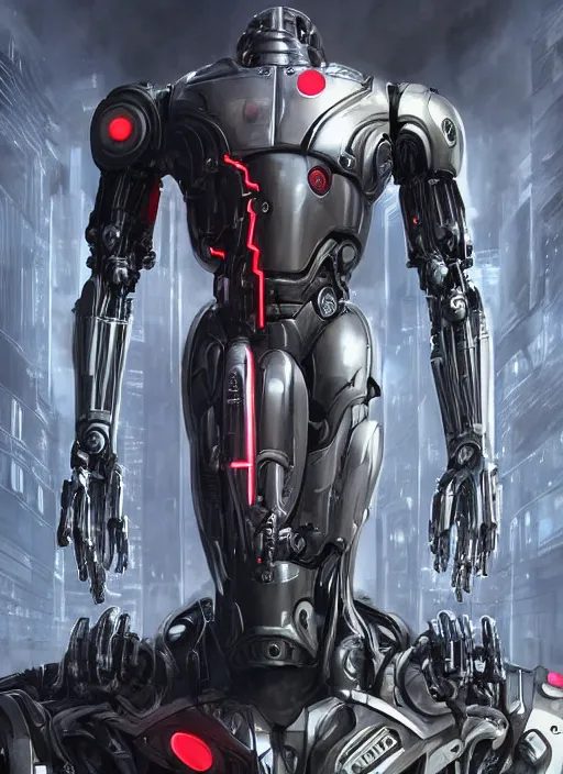 Image similar to cyborg, borg, android, strogg, face of a man, body of a robot, droid, robocop, cable, victor stone, ultron, terminator, machine, flesh, quake, doom demon, wolfenstein, monster, octane render, from an anime movie, symmetry, symmetrical, concept art by ruan jia and greg rutkowski