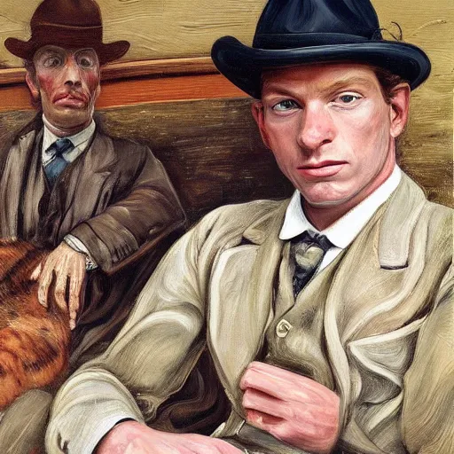 Prompt: high quality high detail painting by lucian freud, hd, ewan mcgregor painting by river seine dressed as a gentleman in paris at early 2 0 th century. brown cat with him