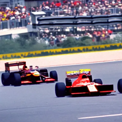 Image similar to cinematic shot of a formula 1 race in 1992