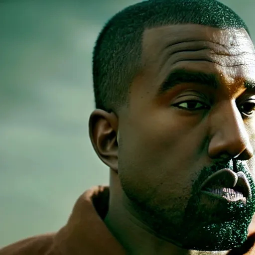 Image similar to cinematic film still of Kanye West starring as a Japanese Sensei with fire, Japanese CGI, VFX, 2003, 40mm lens, shallow depth of field, film photography