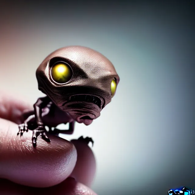 Prompt: a close up view of a tiny alien creature sitting on a finger tip, a macro photograph, featured on cg society, macro lens, ultra detailed, macro photography, atmospheric lighting, intricate, volumetric lighting, beautiful, sharp focus, in the art style of marc simonetti, bowater charlie and brom gerald, astrophotography