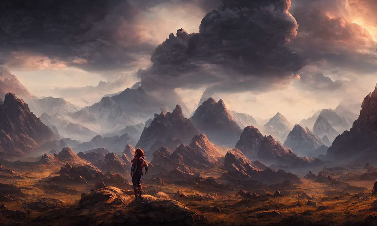 Prompt: vulcanic planet with mountains in clouds on the background, heroine adventurer in foreground, cinematic lighting, cinematic angle, Guillem H. Pongiluppi, Sviatoslav Gerasimchuk, Federico Pelat, dusk