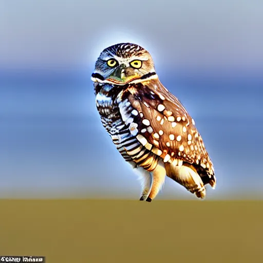 Prompt: the burrowing owl didn't sleep standing or perched, he slept in what could be described as a squat with his short stubby tail supporting him, and his legs splayed out to the sides, burrowing owl doing as described, guardians of gahool