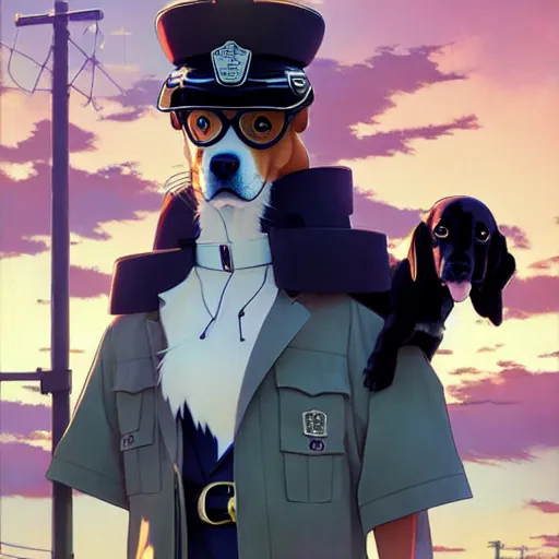 Prompt: dog as a mall cop, wearing a fun hat, makoto shinkai ghibli takashi takeuchi yoshiyuki sadamoto jamie wyeth james gilleard greg rutkowski chiho aoshima