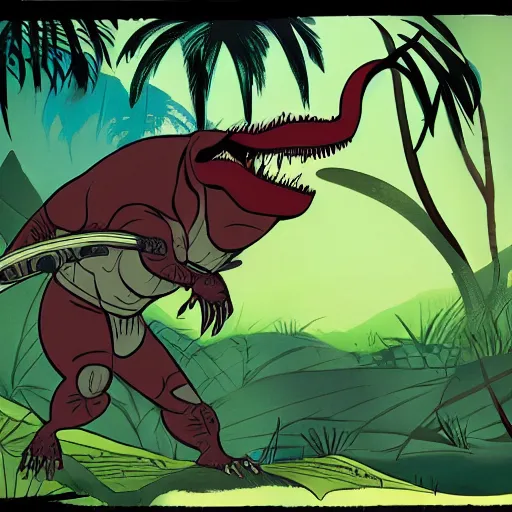 Image similar to tyrannosaurus in the jungle, genndy tartakovsky, samurai jack