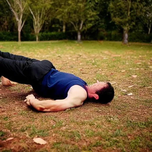 Prompt: a photo of a man failing to do a simple exercise lying flat on the ground crying he can't do it failure grainy sad tears depressing