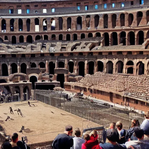 Prompt: animal in the stand of a colosseum watching gladiators fight