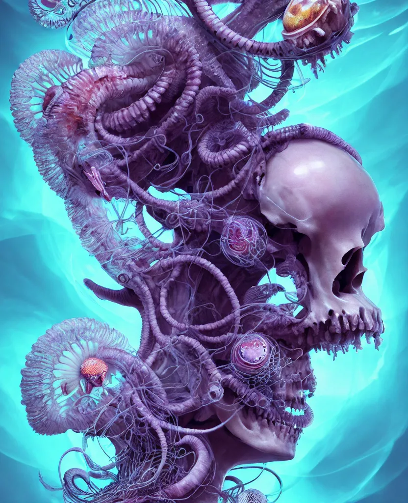 Image similar to goddess close-up portrait ram skull, thorax, x-ray, backbone, jellyfish phoenix head, nautilus, orchid, skull, betta fish, bioluminiscent creatures, intricate artwork by Tooth Wu and wlop and beeple. octane render, trending on artstation, greg rutkowski very coherent symmetrical artwork. cinematic, hyper realism, high detail, octane render, 8k